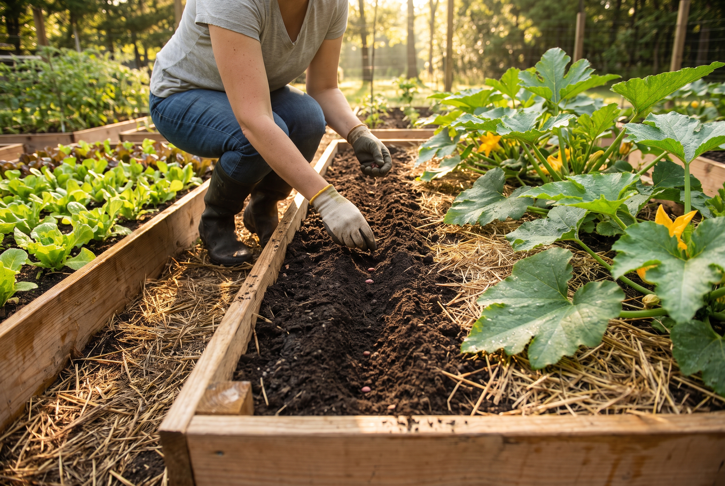 Gardener sowing bush bean seeds into a cleared raised bed in late summer, with young lettuce and summer squash growing in the neighboring beds