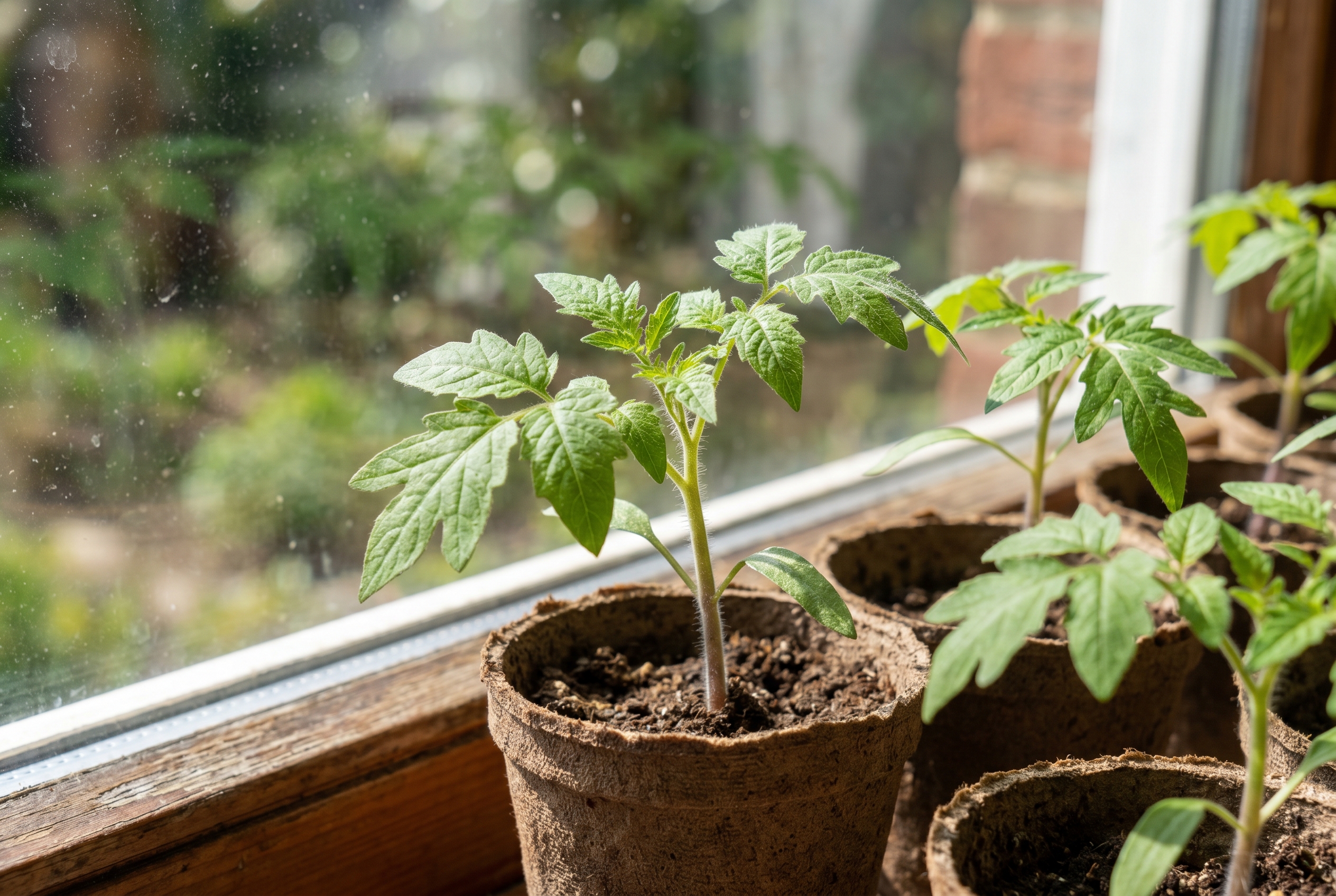 Young tomato seedlings in small starter pots on a sunny windowsill