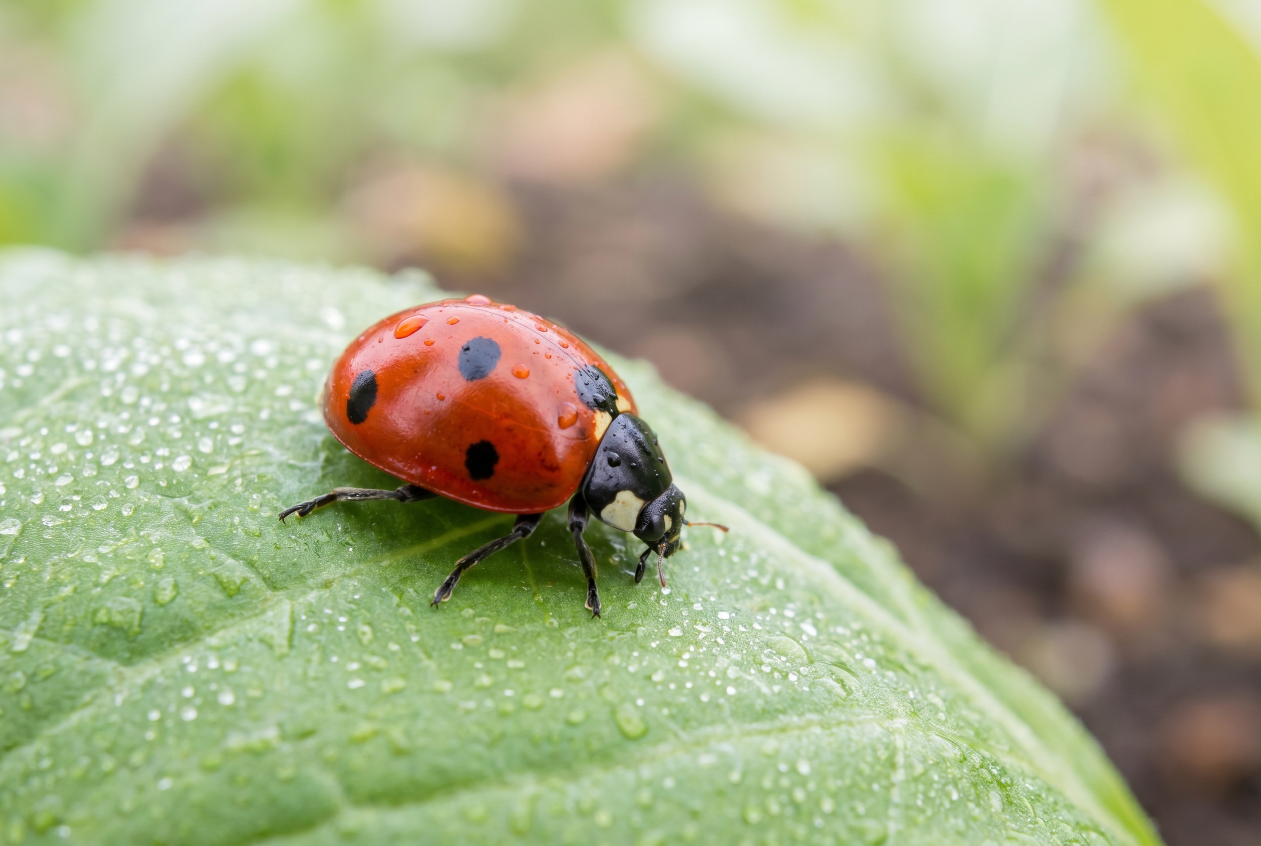 A ladybug on a vegetable leaf, a natural predator of aphids