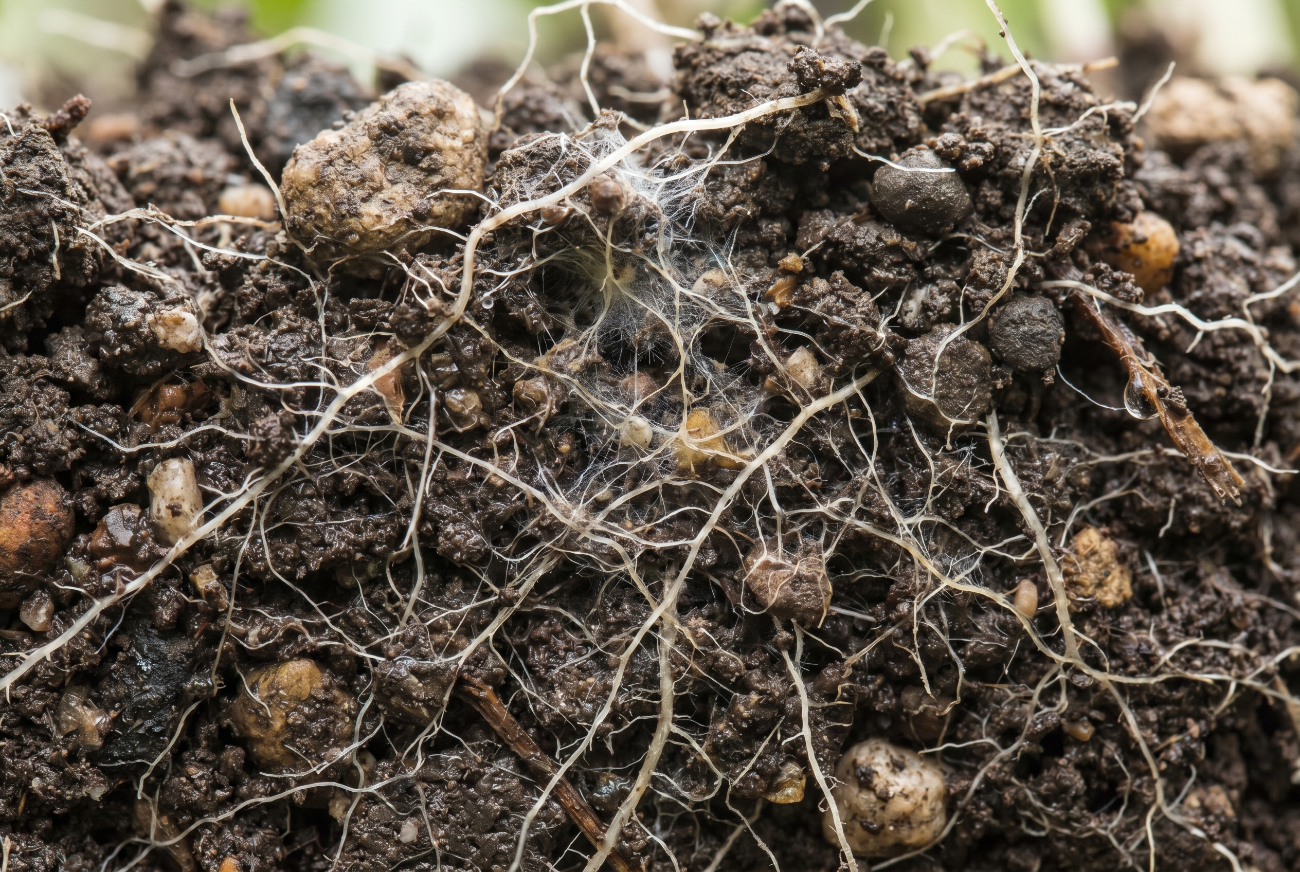 Illustration of an underground mycorrhizal fungal network connecting plant roots
